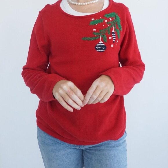 Vintage Liz Claiborne Red Green Embroidered Christmas Ornaments Knit Crewneck L - Picture 2 of 10